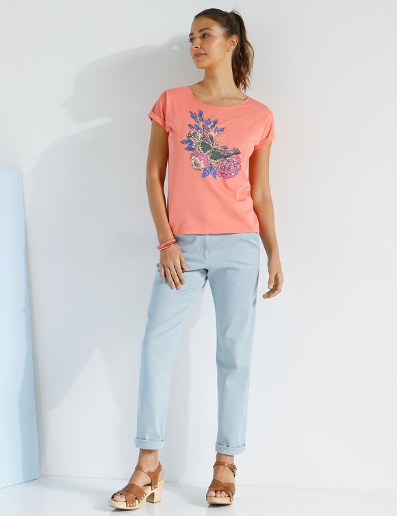 T-shirt imprimé placé, col rond (corail / beige)