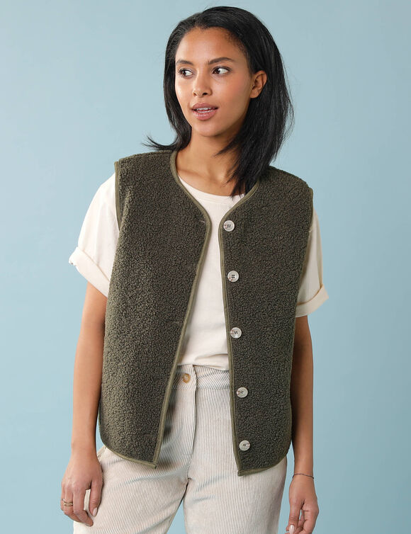 Veste sans manches maille bouclette, Sp&eacute;cial Petites (kaki)