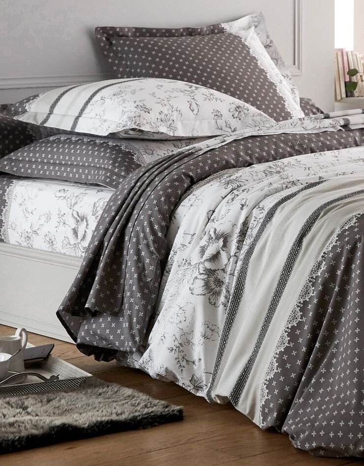 Linge de lit Gabrielle en coton imprimé pois, fleurs et dentelle (gris)