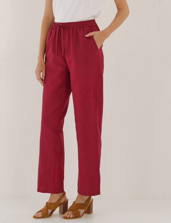 Pantalon coupe mom en coton/lin, taille &eacute;lastiqu&eacute;e (lie de vin)