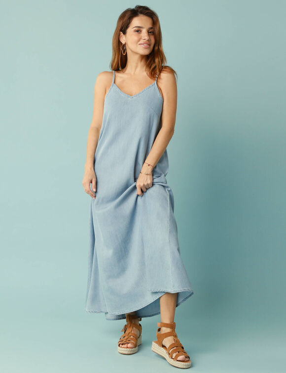 Robe longue Spécial Petites fines bretelles en denim léger (bleached)