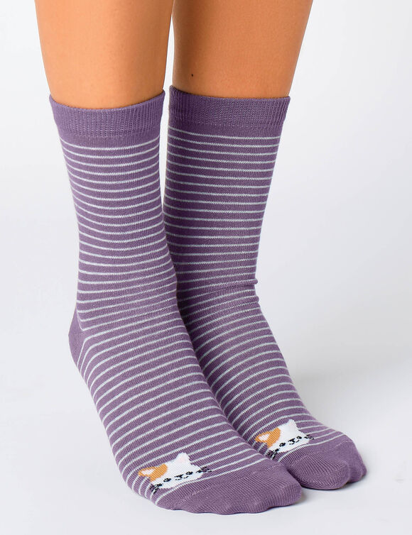 Chaussettes ray&eacute;es fantaisie &agrave; motifs animaux - lot de 3 (gris + bleu + mauve)