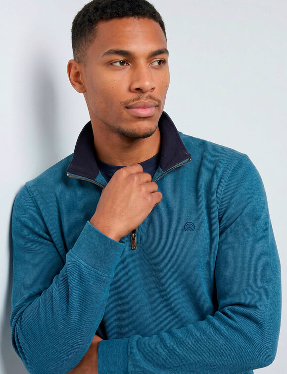Warm sweatshirt met hoge kraag en ritssluiting, van geribd tricot (oceaanblauw)