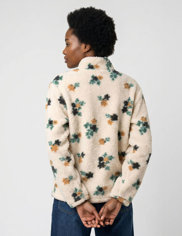 Sweater met hoge kraag en ritssluiting, van boucl&eacute;-fleece, met bloemprint (ecru / hazelnootbruin)