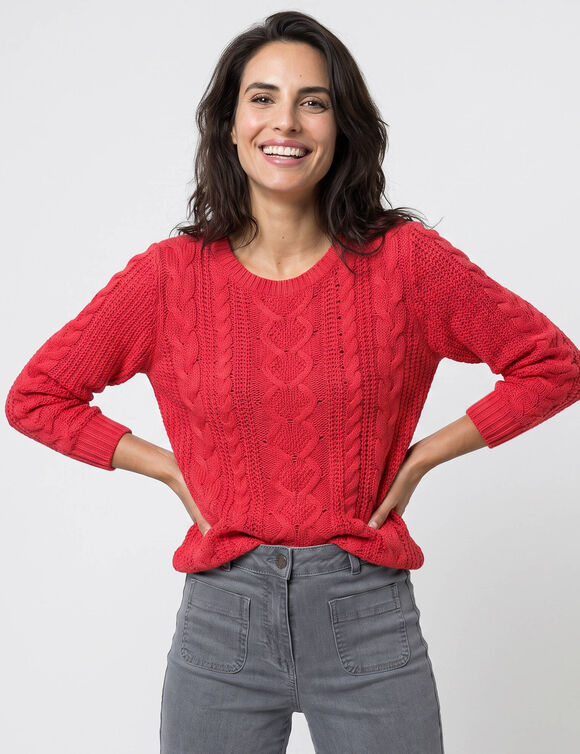 Pull col rond, maille torsad&eacute;e (rouge)
