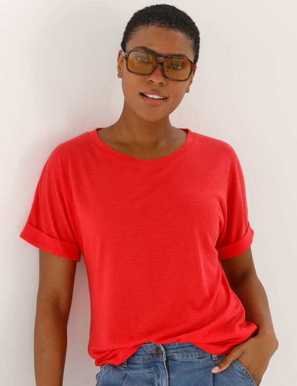 T-shirt col rond en lin m&eacute;lang&eacute;, manches courtes (rose)