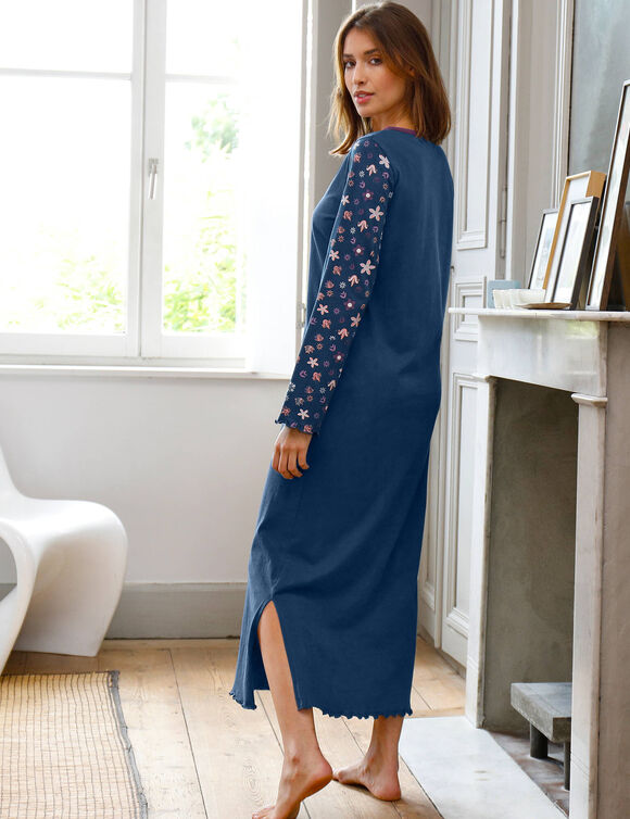 Chemise de nuit imprimée fleurs - manches longues (marine)
