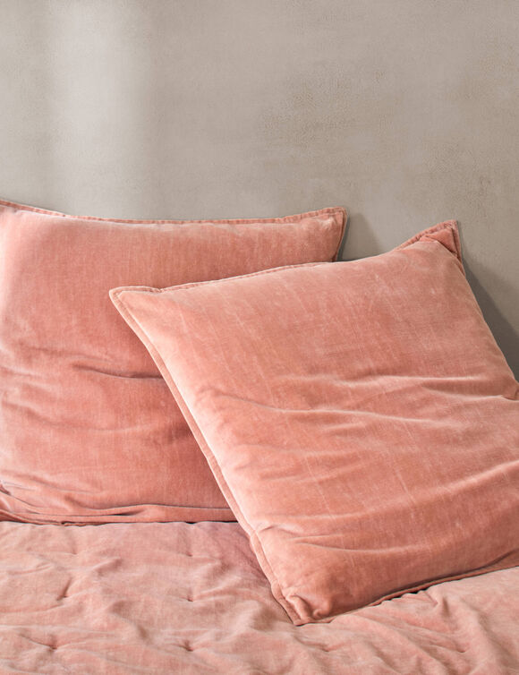 Couvre-lit capitonn&eacute; r&eacute;versible bi-mati&egrave;re - velours 100g/m&sup2; et coton lav&eacute; 57 fils/cm&sup2; (rose blush)