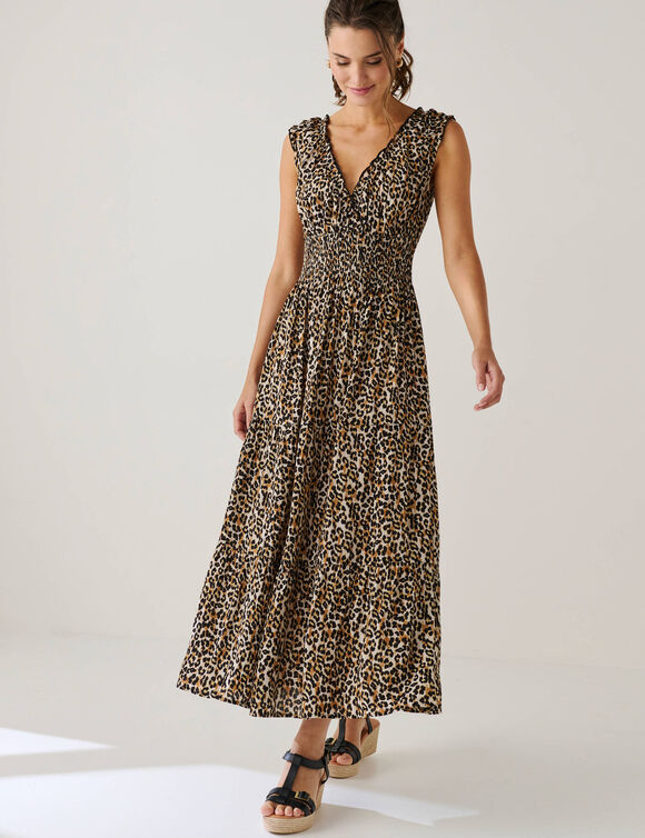 Robe longue imprim&eacute;e, sans manches (taupe / noir)