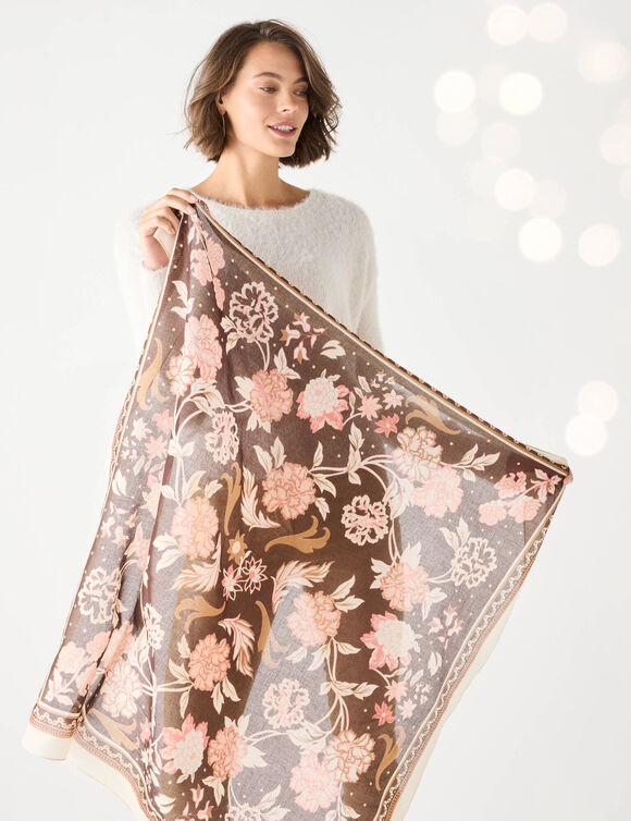 Grote foulard, bloemenprint, vierkant (chocolade)