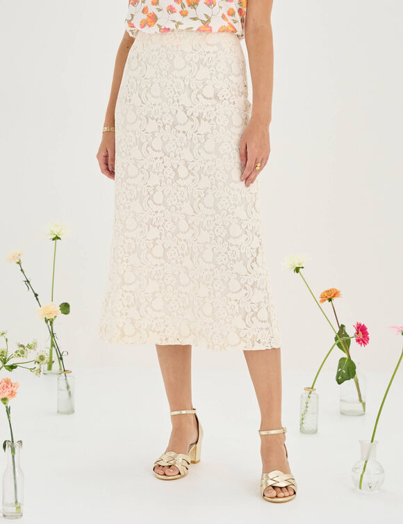 Jupe longue dentelle doubl&eacute;e, dos fendu (&eacute;cru)