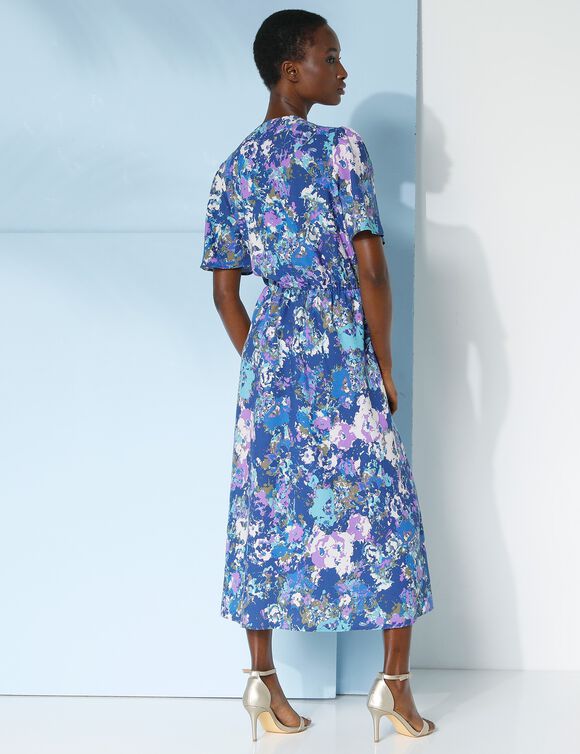 Robe longue cache-coeur imprimée, spéciale poitrines généreuses (bleu / violet)