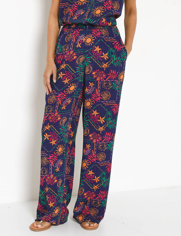 Pantalon large taille &eacute;lastiqu&eacute;e imprim&eacute; soleil, cr&eacute;pon fluide (marine / fuchsia)