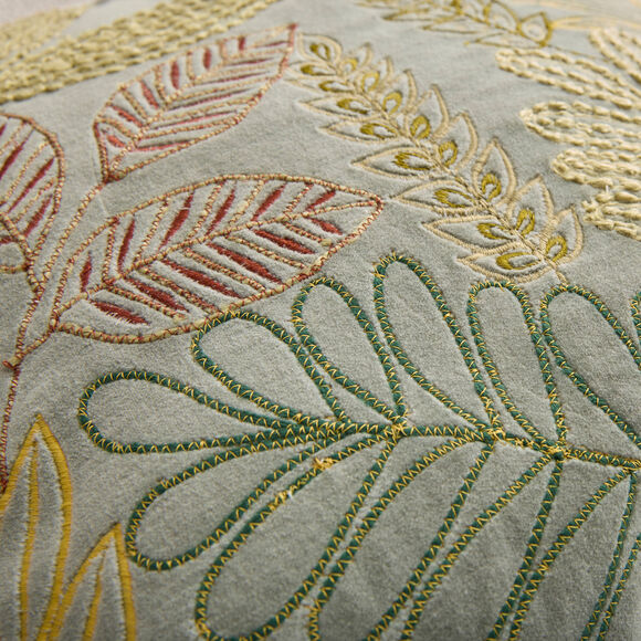 Coussin carr&eacute; velours brod&eacute; "feuilles" (vert)