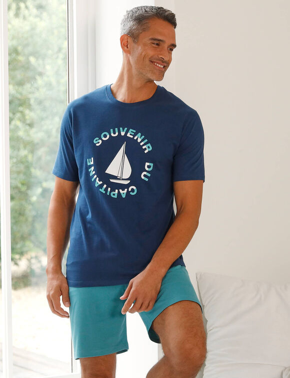 Pyjamashirt met korte mouwen en bootmotief (marine / aqua)