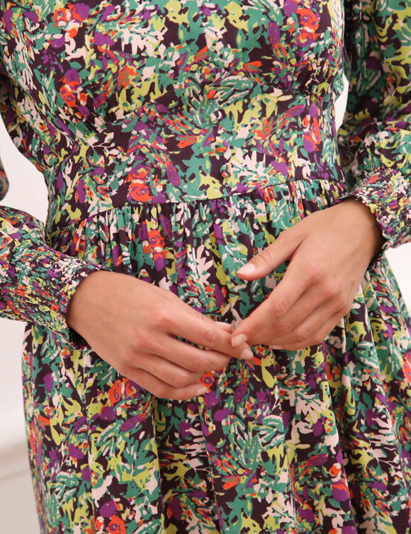 Robe midi imprimée, viscose fluide (vert / violine)