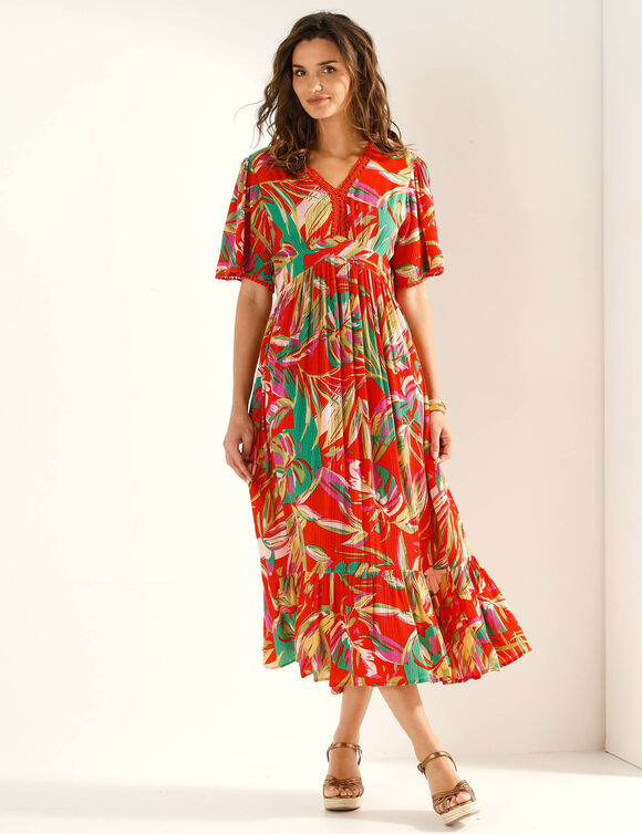 Robe longue macram&eacute;, imprim&eacute; tropical (oranje)