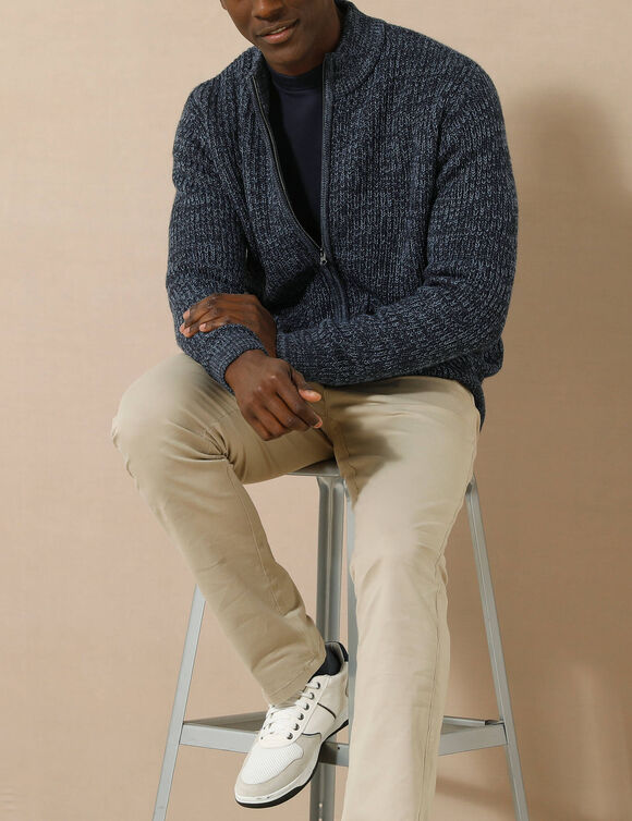 Gilet zipp&eacute; c&ocirc;te anglaise 30% laine (bleu moulin&eacute;)