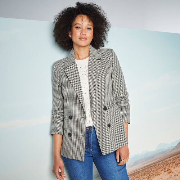 Veste blazer double boutonnage, imprimé pied-de-poule (beige / chocolat)