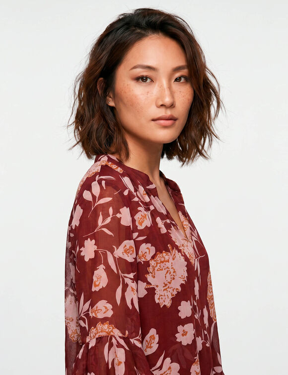 Tunique ample, en voile imprim&eacute; (bordeaux / rose)