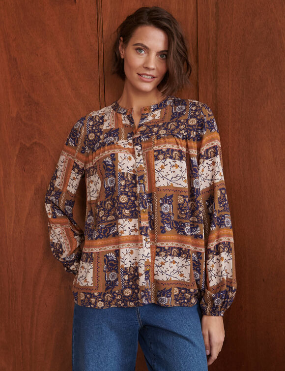 Chemisier col mao, cr&eacute;pon imprim&eacute; patchwork (indigo / vert)
