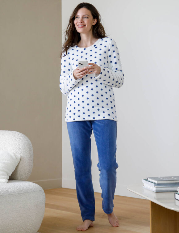 Pyjama polaire imprim&eacute; pois toucher peluche manches longues (bleu)