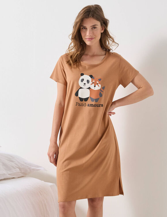Chemise de nuit courte manches courtes motif «Pand-Amours» (noisette)