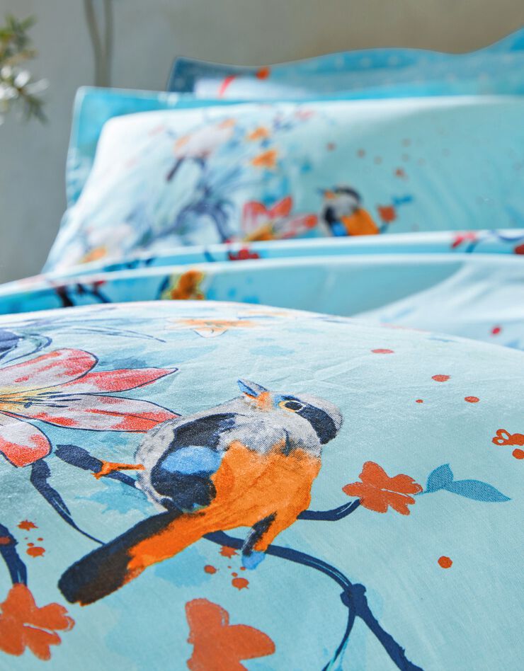 Linge de lit Birdy en coton imprimé oiseaux (lagon)