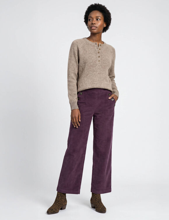 Pantalon large en velours c&ocirc;tel&eacute; effet pont (prune)