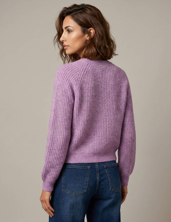 Gilet boutons coeur, maille anglaise (parme)