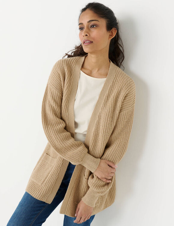 Gilet long ouvert, maille anglaise (sable)