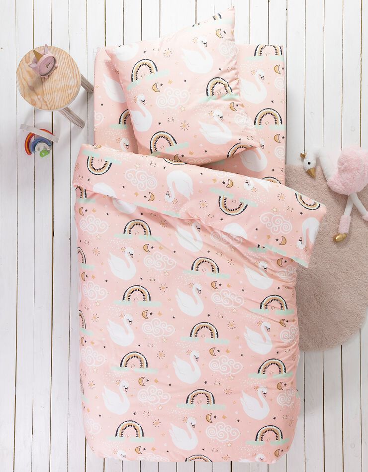 Linge de lit enfant Cygnes imprimé 1 personne - coton, rose Linge de lit enfant Cygnes imprimé 1 personne - coton, rose, hi-res image number 0