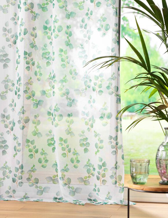 Voilage imprim&eacute; feuillage color&eacute; - finition oeillets (blanc / vert)