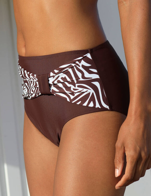 Bas de maillot de bain taille haute uni - effet drapé (chocolat)