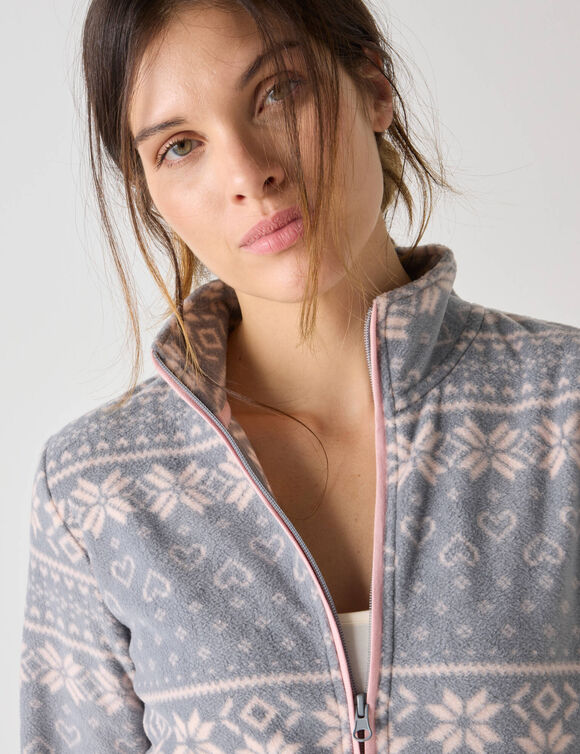 Veste zipp&eacute;e maille polaire imprim&eacute;e (gris / rose)