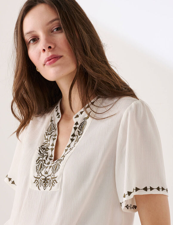 Blouse cr&eacute;pon brod&eacute; manches courtes  (&eacute;cru / kaki)