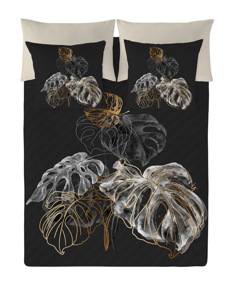 Linge de lit Ginkgo coton motif feuilles (noir / écru)