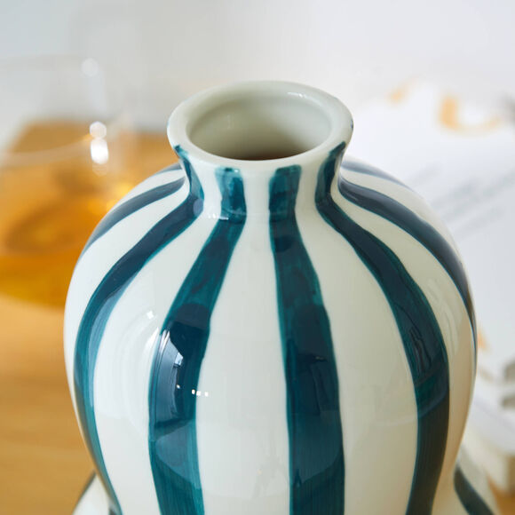 Vase gr&egrave;s ray&eacute; bleu blanc  (blanc / bleu)