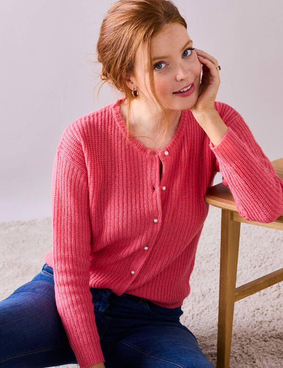 Cardigan boutons perles fantaisie, maille anglaise toucher doux (rose blush)