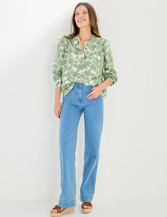 Chemisier imprim&eacute; bicolore, voile de coton (&eacute;cru / vert)