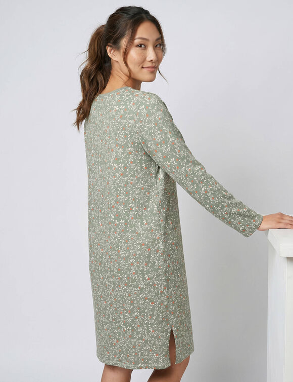 Nachtjapon met lange mouwen en knoopsluiting, bedrukt met plantenprint (kaki / ecru)