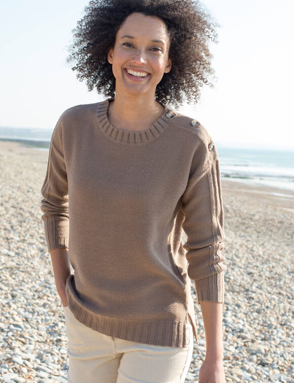 Pull col rond, maille fantaisie (taupe clair)