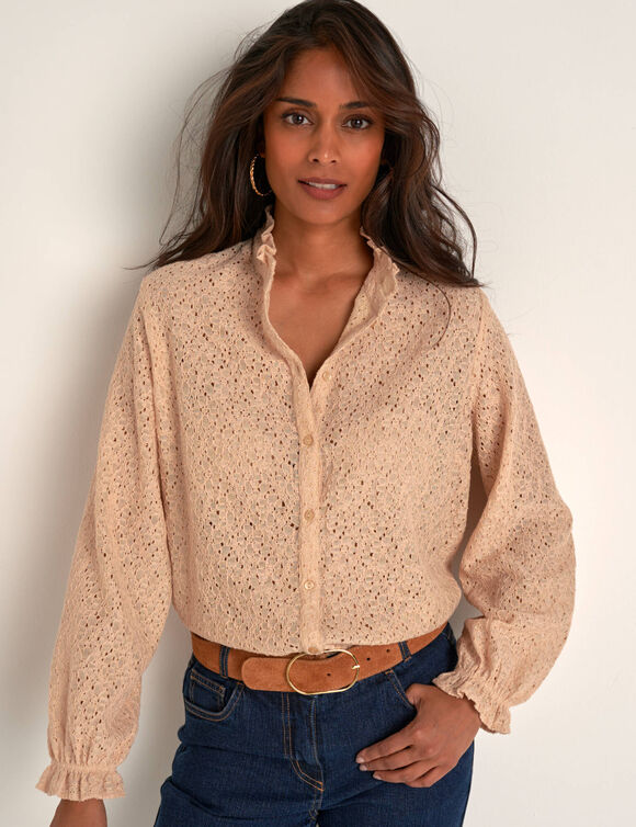 Blouse col montant volantée, dentelle (sable)