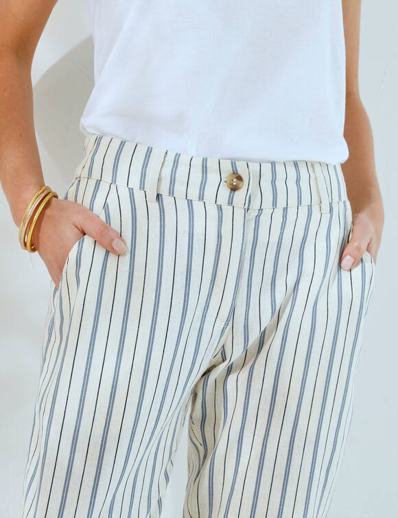 Pantalon coupe mom coton-lin rayé (écru / bleu)