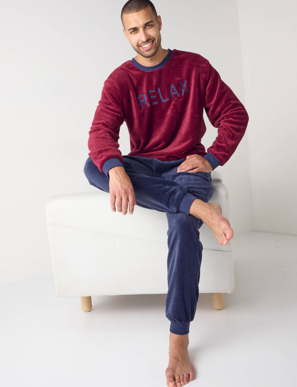 Relax pyjama in harig tricot, pluchetouch (bordeaux / marine)