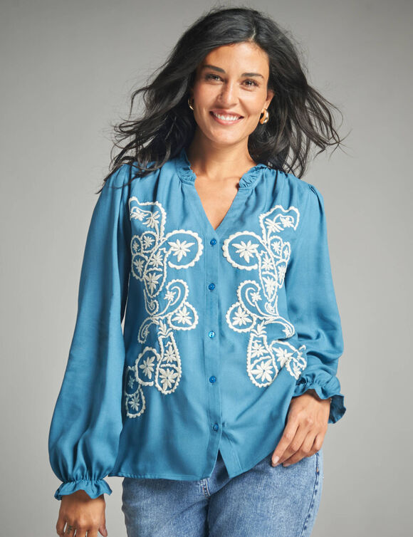 Chemisier brodé, viscose (bleu grisé / écru)