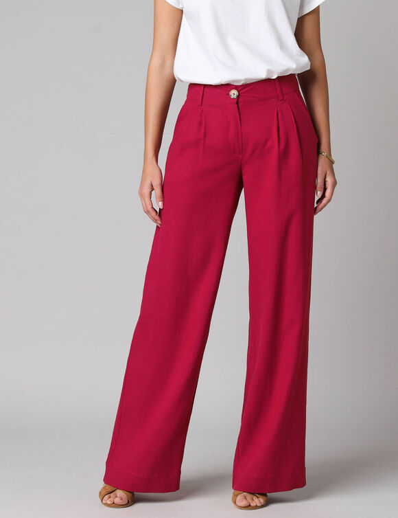 Pantalon large &agrave; pinces uni, en viscose-lin (framboos)