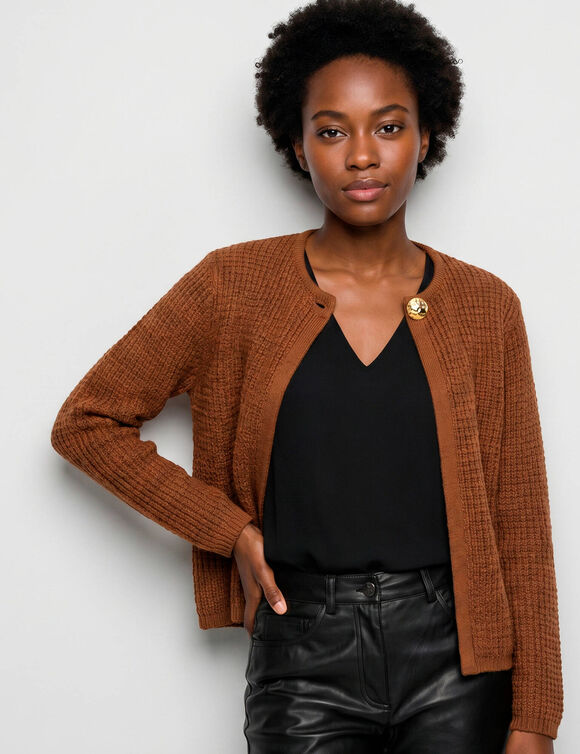 Gilet fa&ccedil;on veste, maille fantaisie (noisette)