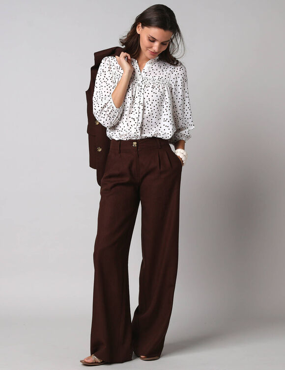 Chemisier boutonn&eacute; &agrave; d&eacute;tails smock&eacute;s, imprim&eacute; mini pois (&eacute;cru / chocolat)