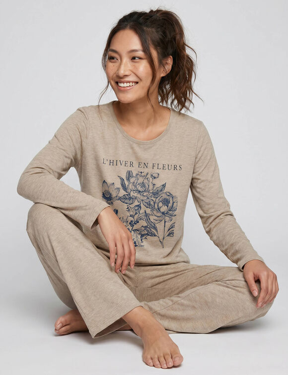 Pyjama en coton imprim&eacute; plac&eacute; "L'hiver en fleurs", manches longues (taupe chin&eacute;)